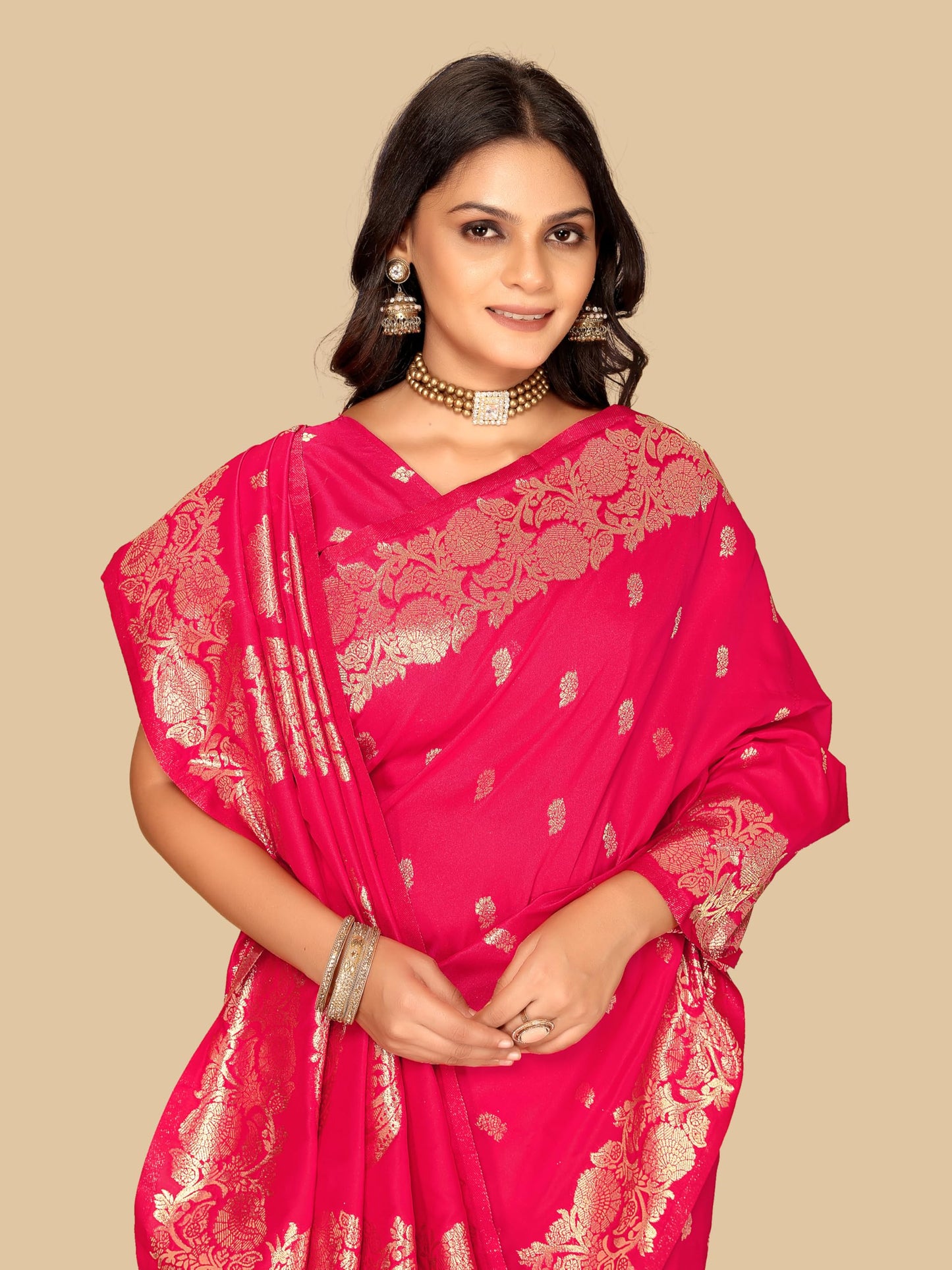 Fluit Lesvetements Women's Banarsi Silk Gajari Saree | Soft Banarasi Style Sari | Golden Meenakari Design & Zari Weaving Pallu |with unstiched Blouse Piece | for Festivals & Weddings