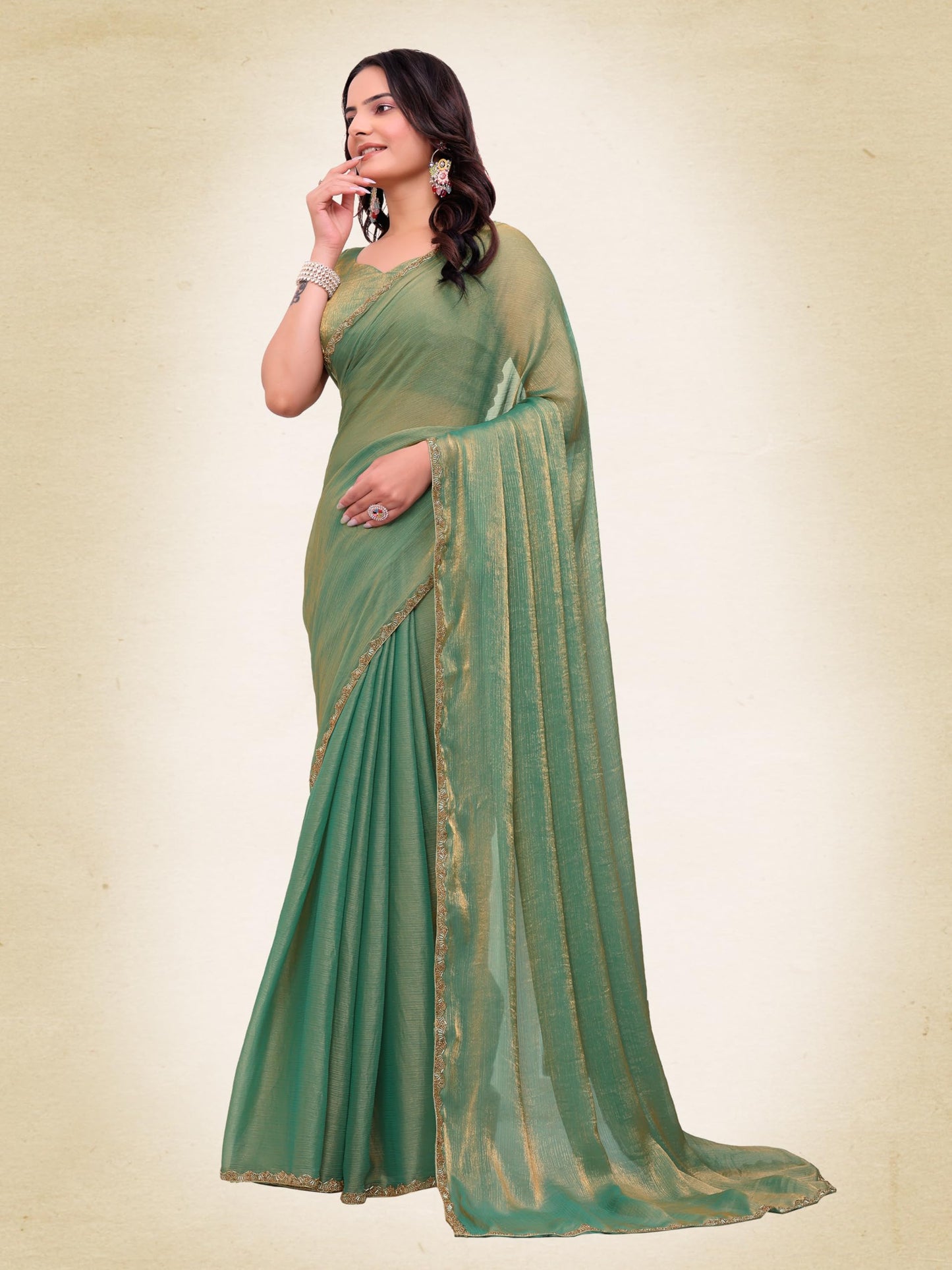Fluit Lesvetements Women's Shimmer Chiffon soft silk two tone saree with Lace Boarder Shiny Stone and Diamond Work Saree With Unstitched Blouse Piece(5.5 mt Saree with 0.8 mt blouse piece)