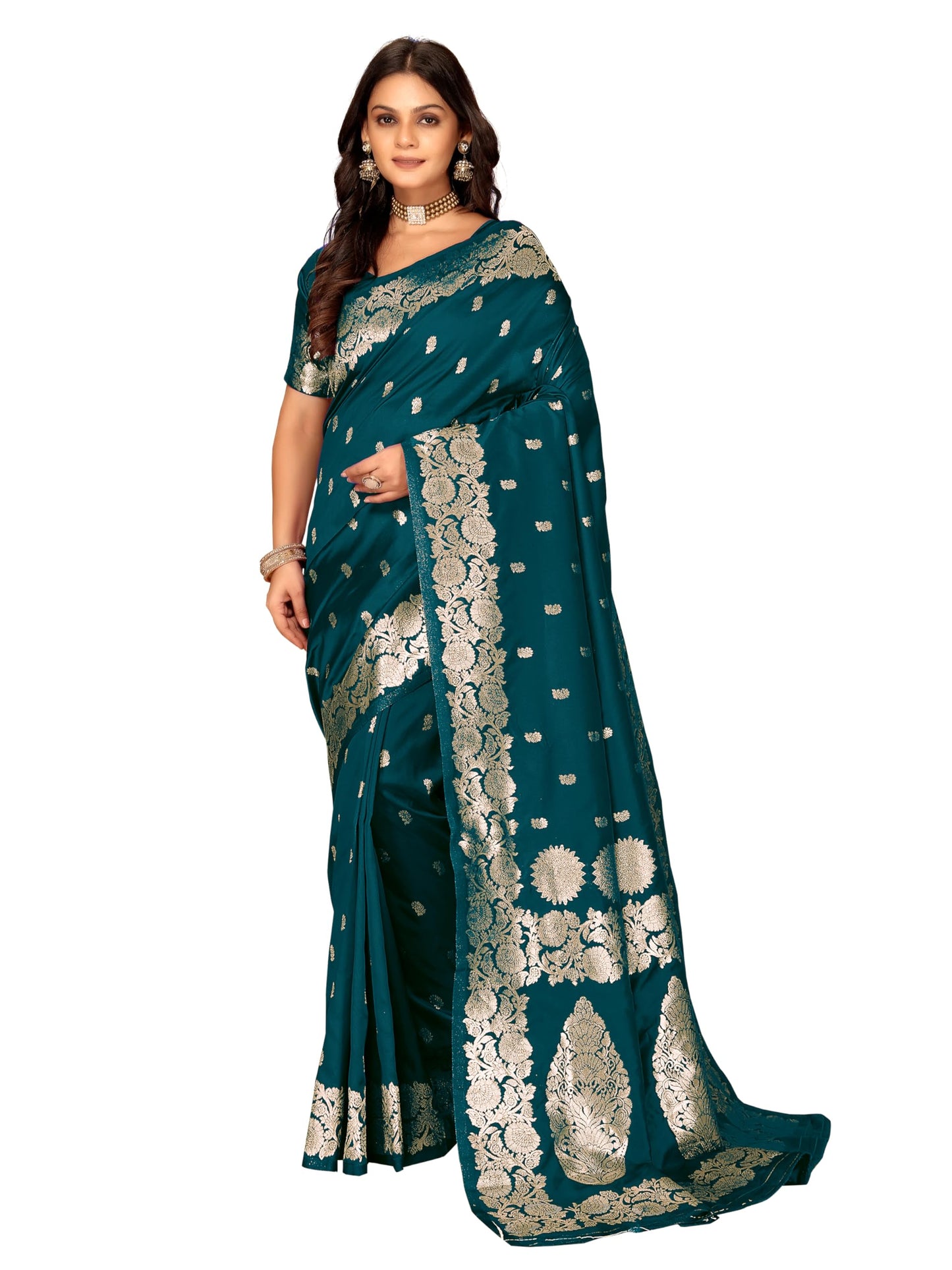 Fluit Lesvetements Women's Banarsi Silk Gajari Saree | Soft Banarasi Style Sari | Golden Meenakari Design & Zari Weaving Pallu |with unstiched Blouse Piece | for Festivals & Weddings