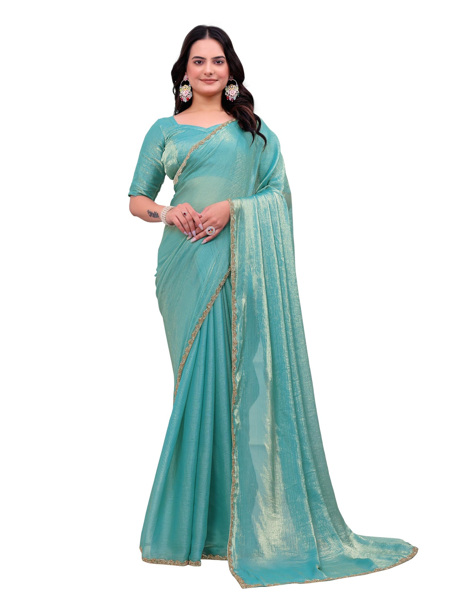 Fluit Lesvetements Women's Shimmer Chiffon soft silk two tone saree with Lace Boarder Shiny Stone and Diamond Work Saree With Unstitched Blouse Piece(5.5 mt Saree with 0.8 mt blouse piece)
