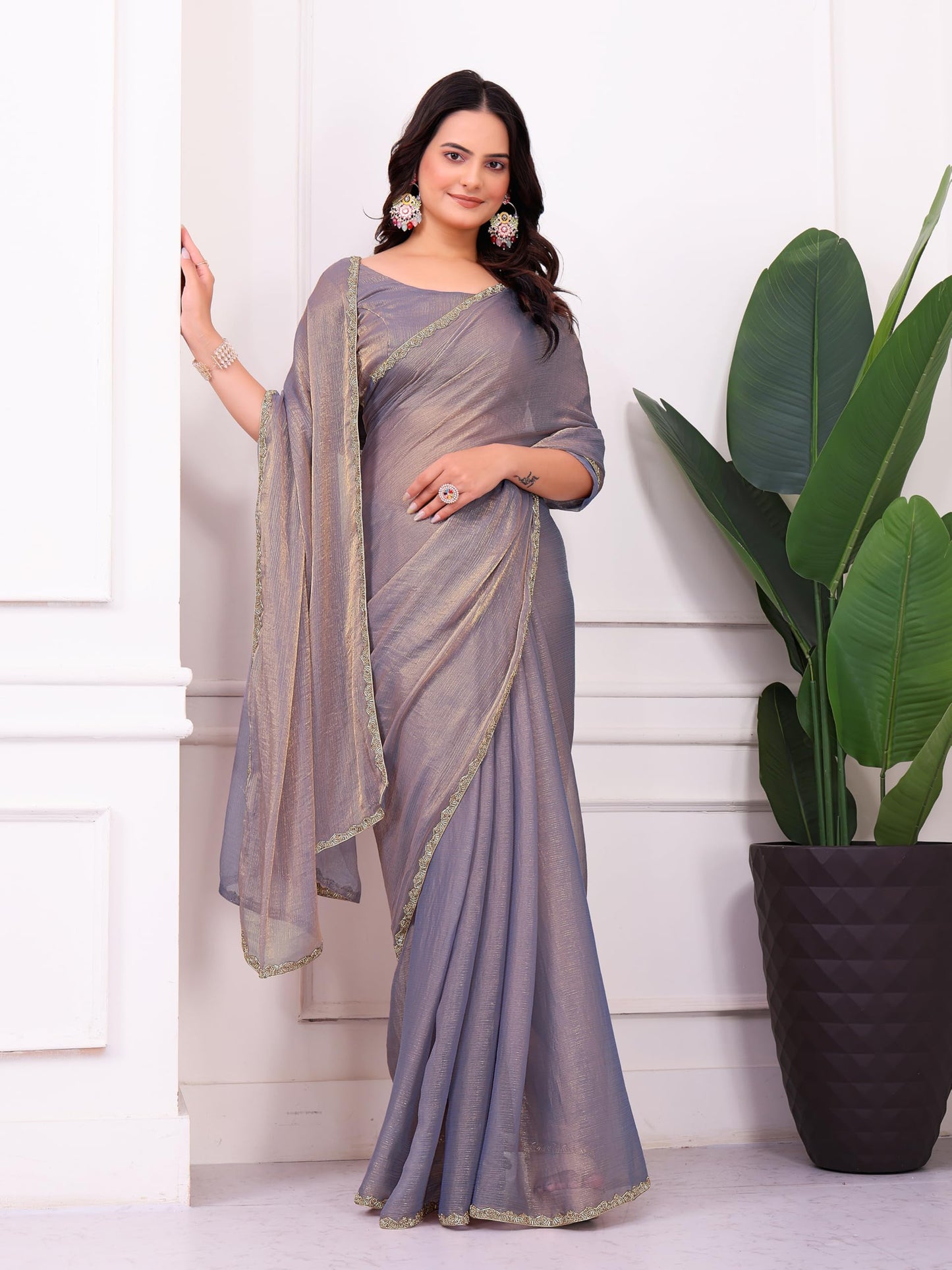 Fluit Lesvetements Women's Shimmer Chiffon soft silk two tone saree with Lace Boarder Shiny Stone and Diamond Work Saree With Unstitched Blouse Piece(5.5 mt Saree with 0.8 mt blouse piece)