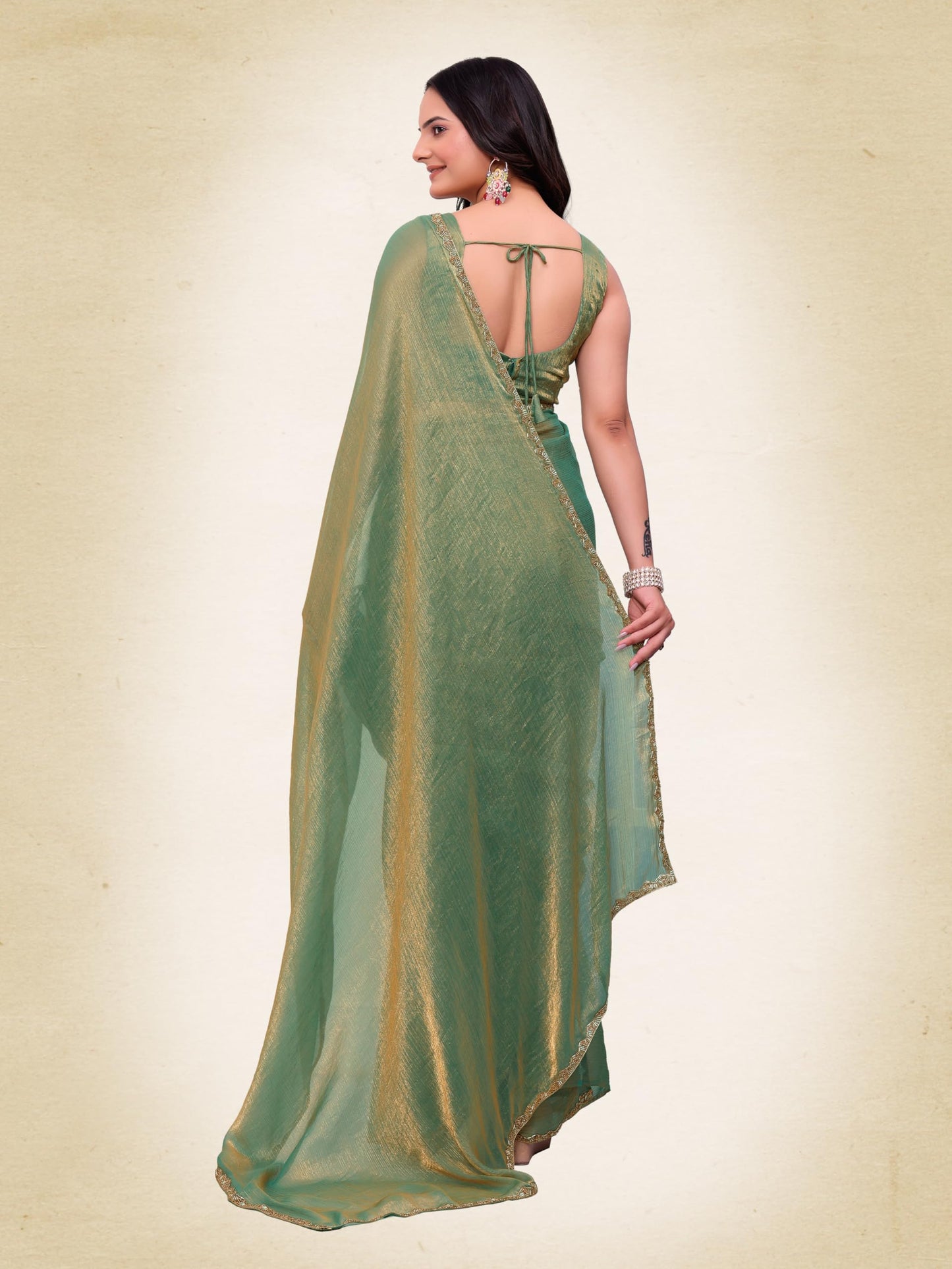 Fluit Lesvetements Women's Shimmer Chiffon soft silk two tone saree with Lace Boarder Shiny Stone and Diamond Work Saree With Unstitched Blouse Piece(5.5 mt Saree with 0.8 mt blouse piece)