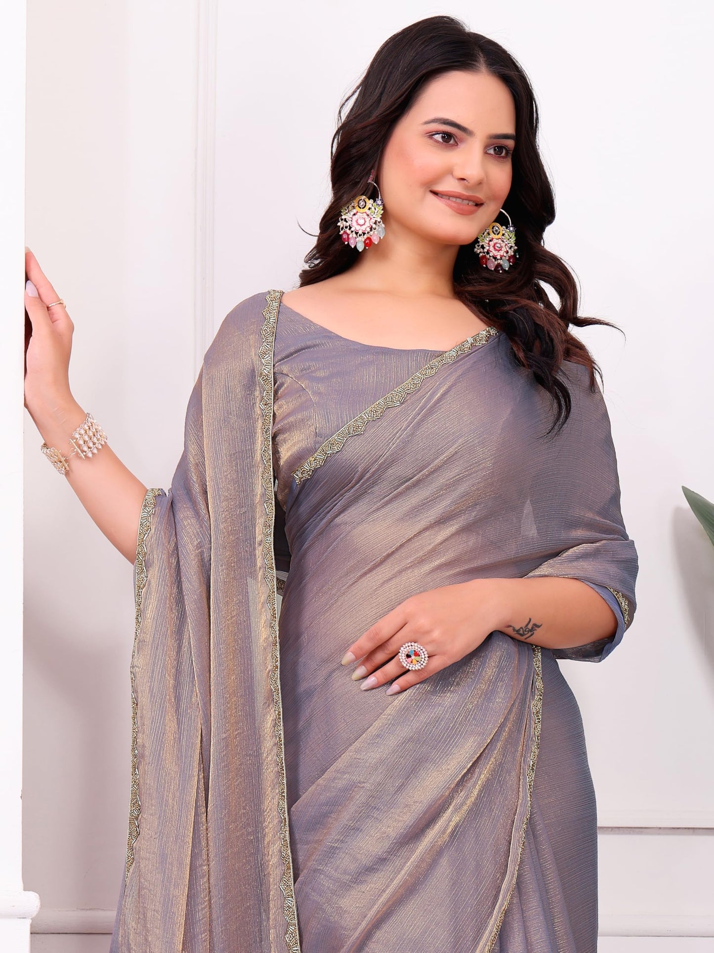 Fluit Lesvetements Women's Shimmer Chiffon soft silk two tone saree with Lace Boarder Shiny Stone and Diamond Work Saree With Unstitched Blouse Piece(5.5 mt Saree with 0.8 mt blouse piece)
